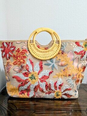 Artisan Hand-Beaded Embroidery Floral Jute Tote with Hand-Carved Bamboo Handles